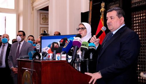 خلال مؤتمر صحفى مع وزيرة الصحة بوزارة الصحة مارس 2020